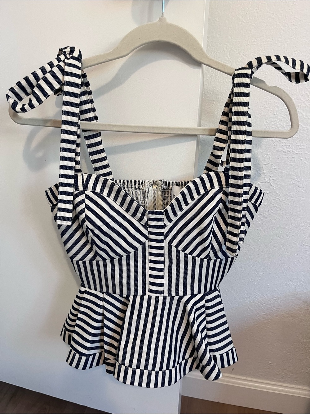 MABLE Navy & White Striped Tie-Shoulder Peplum Camisole